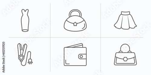 woman clothing outline icons set. thin line icons such as strapless tube dress, hobo shoulder bag, skirt black short, hair iron, wallet, handbag elegant vector.