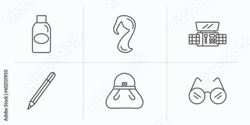 woman clothing outline icons set. thin line icons such as bottle, female long black hair, eyes shades makeup, eyes makeup pencils, female black handbag, eyeglasses vector.