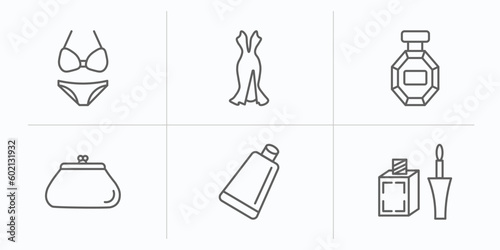 woman clothing outline icons set. thin line icons such as bikini, sexy female dress, stylish perfume bottle, female wallet, creme container black, liquid eyeliner vector.