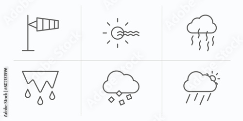 weather outline icons set. thin line icons such as anemometer, foggy day, smog, thaw, ice pellets, downpour vector.