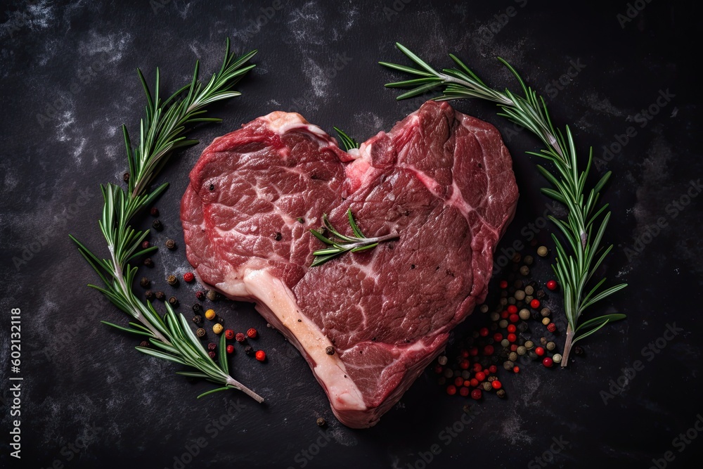 A Romantic Valentine Bar-B-Q: Rare Steak in Shape of a Heart on Red Nubes Background with Rosemary as an Ingredient: Generative AI