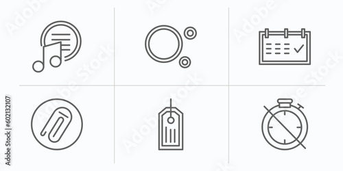 ultimate glyphicons outline icons set. thin line icons such as music menu, big and small dots, calendar checked, attach rotated, clothes label, timer off vector.