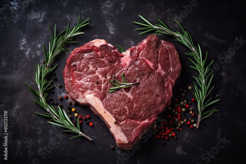 A Romantic Valentine Bar-B-Q: Rare Steak in Shape of a Heart on Red Nubes Background with Rosemary as an Ingredient: Generative AI