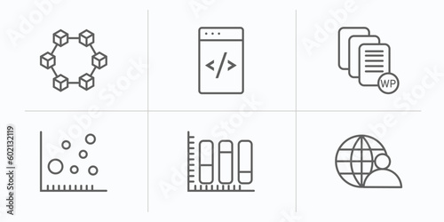 user interface outline icons set. thin line icons such as data interconnected, data coding, white paper, scatter circle, vertical data bars, user interface vector.