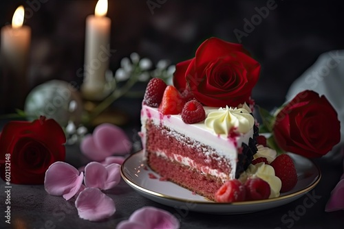 A Piece of Red Velvet Cake Decorated with Love for St. Valentine's Day. Generative AI © AIGen