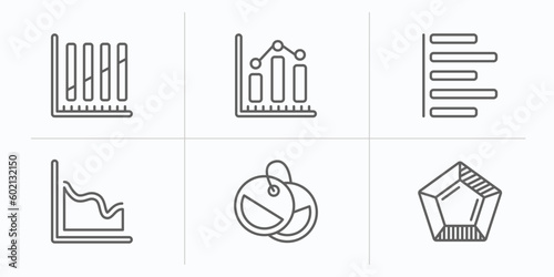 user interface outline icons set. thin line icons such as dual stream chart, data analytics bars, justified, multiple variable lines, labels, pentagonal chart vector.