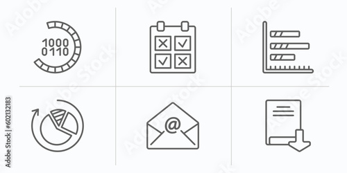 user interface outline icons set. thin line icons such as binary code loading, comparision table, bars chart page, reload pie chart, email opened envelope, download ebook vector.