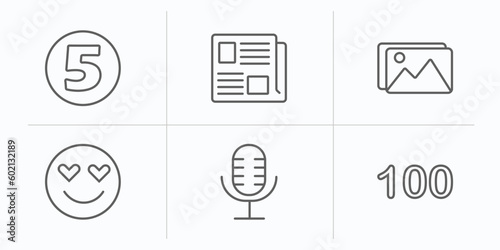 user interface outline icons set. thin line icons such as number, newspaper folded, images, in love smile, mic interface, one hundred vector.
