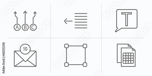 user interface outline icons set. thin line icons such as abc item chart, text out, text box, unread mail, metrize, document with tables vector.