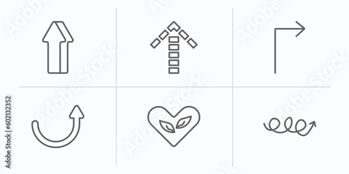 user interface outline icons set. thin line icons such as 3d up arrow, up broken line arrow, right arrow with turn, curved up ecologic heart, with scribble vector.