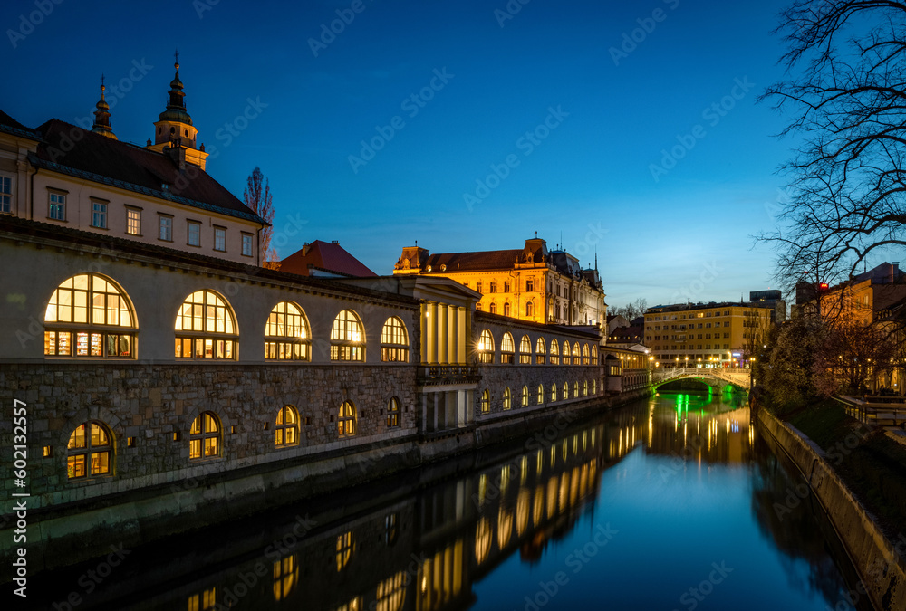 Ljubljana Market arcade on the Ljubljanica river. Ljubljana, capital of Slovenia.