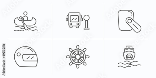 transport outline icons set. thin line icons such as boating, school bus stop, hands free device, motorsport, ship wheel, ferry carrying cars vector.