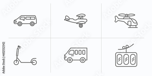 transportation outline icons set. thin line icons such as minivan, crop duster, helicopter profile, micro scooter, minibus, funicular railway vector.