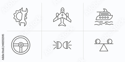 transport outline icons set. thin line icons such as repair, airplane pointing up, luxury yacht, steering, car lights, stability vector.