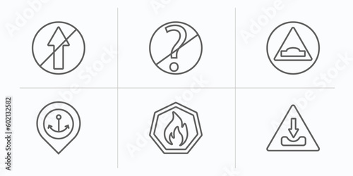 traffic signs outline icons set. thin line icons such as no straight, no doubt, humps, port, fire, pothole vector.