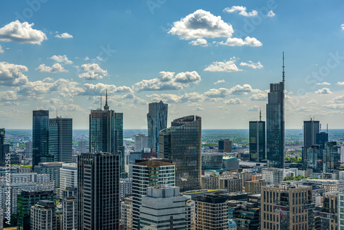 Panoramic. view of modern skyscrapers and business centers in Warsaw. View of the city center from above. Warsaw, Poland. © Tryfonov