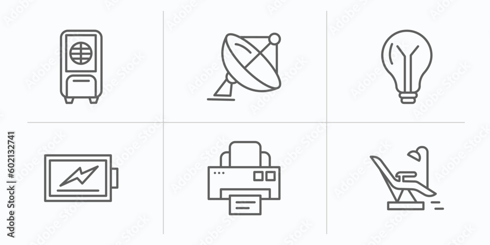 technology outline icons set. thin line icons such as air cooler, dish, bulb, battery level, printing, operating table vector. technology outline icons set. thin line icons such as air cooler, dish, bulb, battery level, printing, operating table vector.