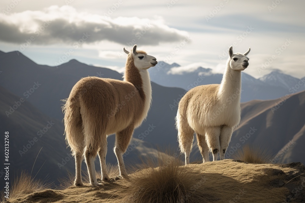 illustration, two llamas on the mountain, generative ai.