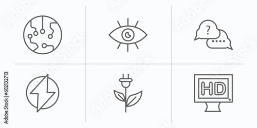 technology outline icons set. thin line icons such as transistor, black eye, asking, electric, ecologic electricity, hd monitor vector.