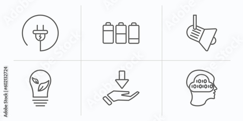 technology outline icons set. thin line icons such as electrical plug, battery levels, cinema light with cable, ecologic bulb, receive, binary mind vector.