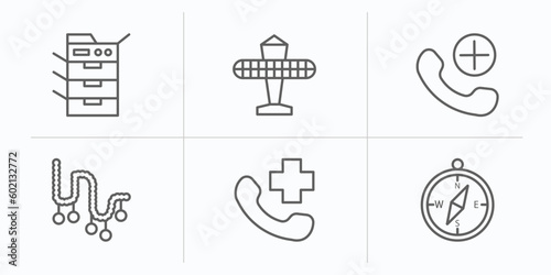 technology outline icons set. thin line icons such as photocopier, solar plane, add call, tinsel, hospital phone, basic compass vector.