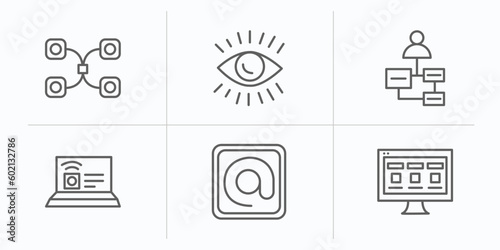 technology outline icons set. thin line icons such as data modelling, impressions, user-generated content, internet value, mentions, front end vector.