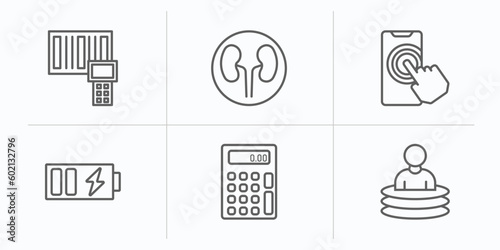 technology outline icons set. thin line icons such as portable scanner, dialysis, touchscreen, battery power, basic calculator, teletransportation vector.