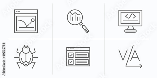 technology outline icons set. thin line icons such as bounce rate, search engine marketing, self-closing tag, bugs, selector, kerning vector.