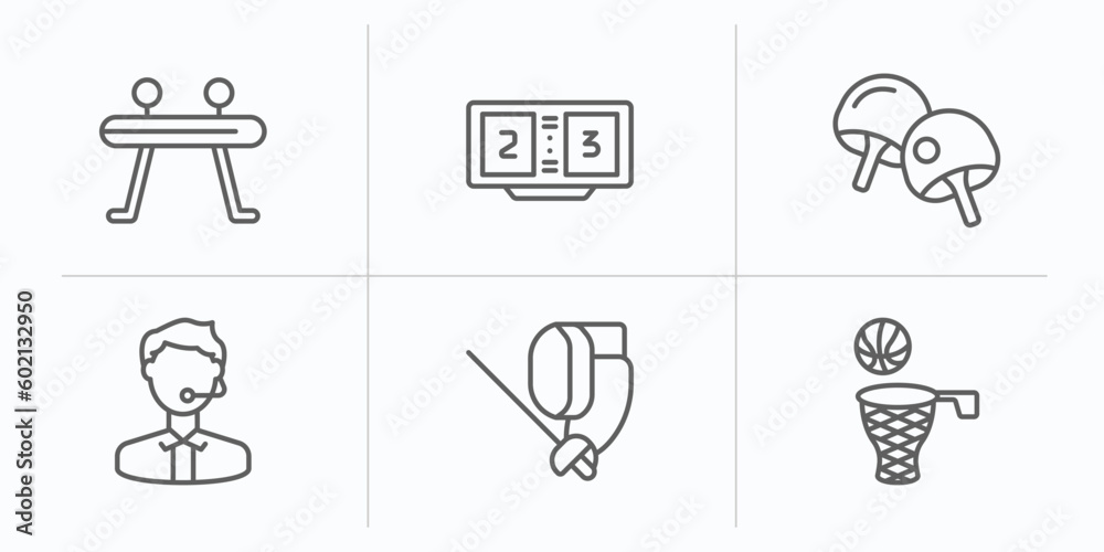 sport outline icons set. thin line icons such as gymnastics, scoreboard, table tennis, commentator, fencing, basketball vector. sport outline icons set. thin line icons such as gymnastics, scoreboard, table tennis, commentator, fencing, basketball vector.