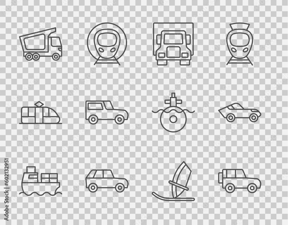 Set line Cargo ship with boxes delivery, Off road car, Delivery cargo truck, Windsurfing and icon. Vector Set line Cargo ship with boxes delivery, Off road car, Delivery cargo truck, Windsurfing and icon. Vector