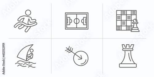 collection. thin linear outline icons set. thin line icons such as marathon champion, football pitch, game board, windsurf sea, ball arrow, tower from a chess vector.
