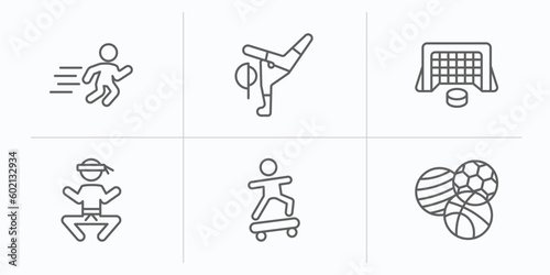 sports collection. thin outline icons set. thin line icons such as man sprinting, breakdance, hockey goal, wushu, boy with skatingboard, balls vector.