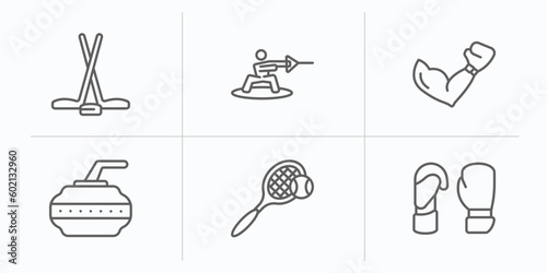 sport outline icons set. thin line icons such as ice hockey, wakeboarding, boxing, curling, tennis, boxing gloves vector.