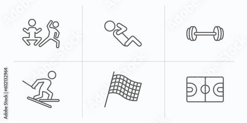 sports outline icons set. thin line icons such as excercise, man doing pushups, gym weight, slalom, chequered flag, basketball court vector.