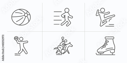 sport outline icons set. thin line icons such as handball, trail running, kung fu, dodgeball, horseball, figure skating vector.