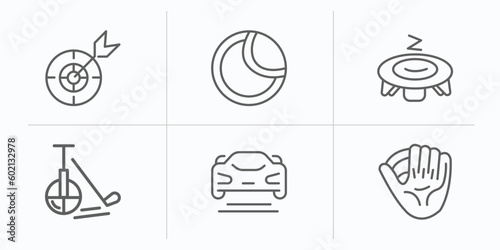 sport outline icons set. thin line icons such as dart board, tennis ball, trampolining, unicycling hockey, formula racing, baseball glove vector.