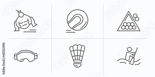 sport outline icons set. thin line icons such as sumo, hurling, snooker, sport goggles, shuttlecock, canoe sport vector.
