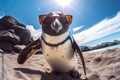 Trendy penguin wearing sunglasses on tropic resort with beautiful white sand beach and palm trees on background. AI generative