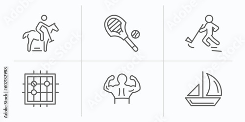 sport outline icons set. thin line icons such as polo sport, lacrosse, rinkball, go game, bodybuilding, sailboat sport vector.