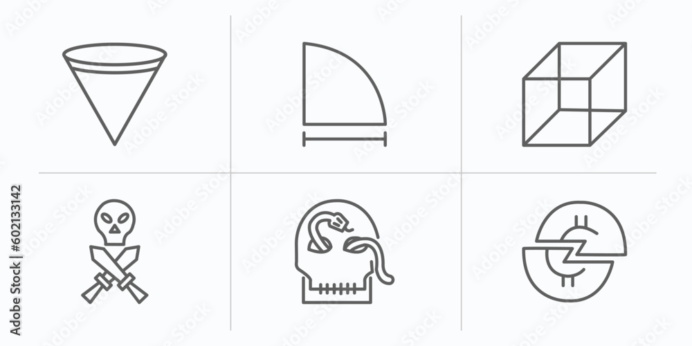 shapes outline icons set. thin line icons such as inverted cone, radius of circle, cube, skull and dagger, skull and snake, halving vector.