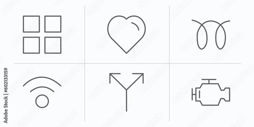 shapes outline icons set. thin line icons such as four squares, black heart, glowplug, wireless, y shaped intersection, malfunction indicador vector. shapes outline icons set. thin line icons such as four squares, black heart, glowplug, wireless, y shaped intersection, malfunction indicador vector.