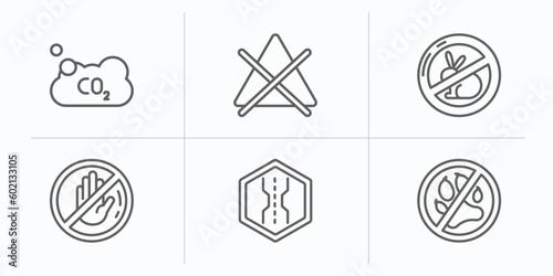 signs collection. thin outline icons set. thin line icons such as co2, no bleaching, no animals, do not touch, bridge, no pets vector.