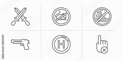 signs outline icons set. thin line icons such as weapons  rats  no swimming  weapon  hospital  no touch vector.