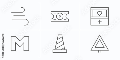 signaling outline icons set. thin line icons such as on air, price ticket, organ container, m, traffic cones, give way vector.