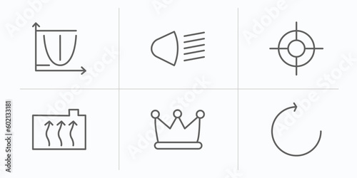 shapes outline icons set. thin line icons such as parabola, high beam, focus button, engine coolant, prince crown, rotate circle vector.