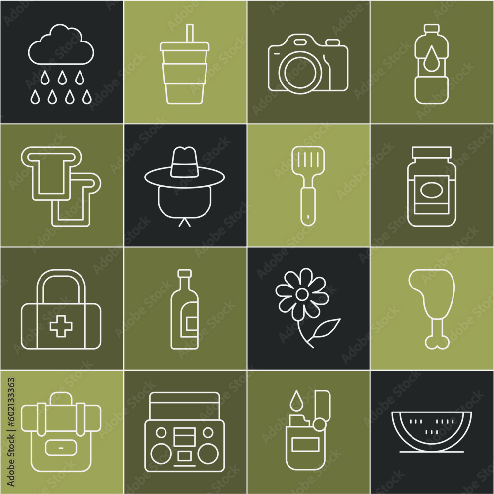 Set line Watermelon, Chicken leg, Jam jar, Photo camera, Camping hat, Bread toast, Cloud with rain and Spatula icon. Vector Set line Watermelon, Chicken leg, Jam jar, Photo camera, Camping hat, Bread toast, Cloud with rain and Spatula icon. Vector