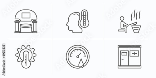 sauna outline icons set. thin line icons such as caldarium, body heat gain, earth sauna, hyperthermia, hygrometer, infrared heat cabin vector.