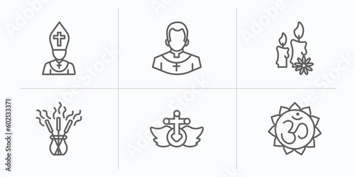 religion outline icons set. thin line icons such as pope  priest  candles  incense  heresy  om vector.