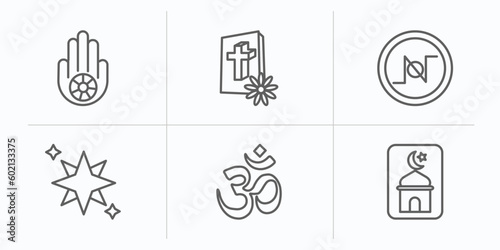 religion outline icons set. thin line icons such as jainism, christian, nihilism, holy star, hinduism, vector.