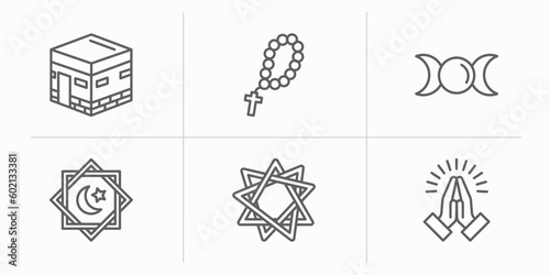 religion outline icons set. thin line icons such as islam, rosary, goddess, rub el hizb, bahai, pray vector.